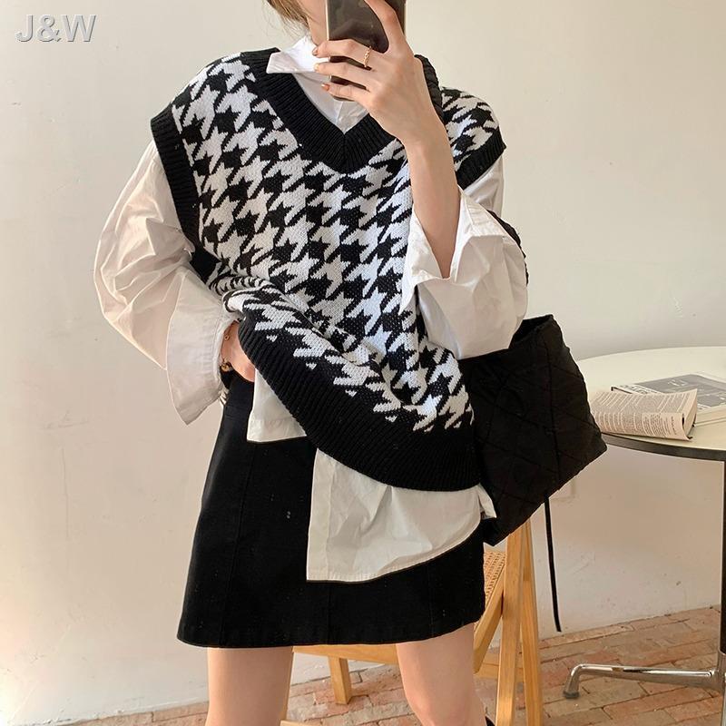 Cropped Houndstooth เสื้อกั๊กถักผู้หญิงชุดนักเรียนเกาหลี Jk ถักเสื้อกันหนาว Top