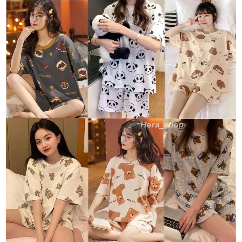 🌻สินค้าพร้อมส่ง🌻 ชุดนอน ลายการ์ตูนหมีน่ารัก คอกลมเสื้อแขนสั้น+ขาสั้น  ผ้าคอตตอน เนื้อผ้านิ่ม ใส่สบาย ฟรีไซส์
