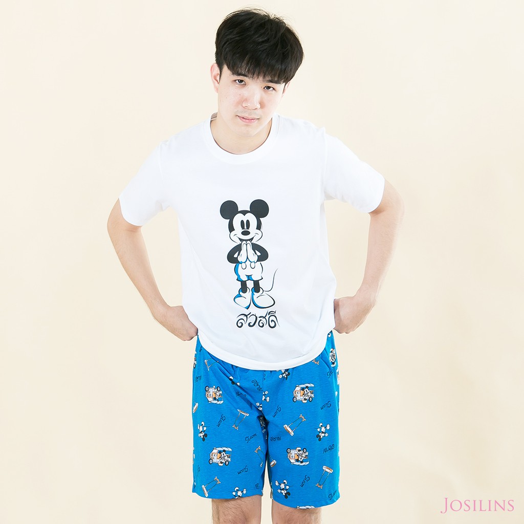 Josilins ชุดนอน ผู้ชาย ลิขสิทธิ์ Disney Mickey Mouse Go Thailand เสื้อแขนสั้น กางเกงขาสั้น ผ้ายืด สี