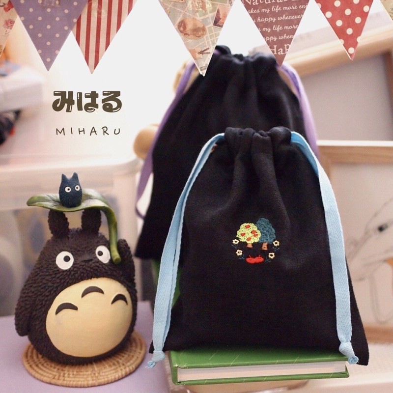Miharu 🍀ถุงผ้าหูรูด ผ้าลูกฟูกสีดำ ขนาด 6x8 นิ้ว