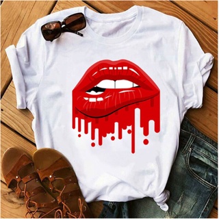 ใหม่เสื้อยืดลําลองแฟชั่นสําหรับสตรีแขนสั้นคอกลมพิมพ์ลาย Red Lips Funny สไตล์ฮาราจุกุ