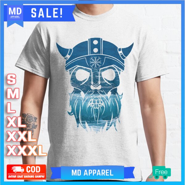 เสื้อยืด Viking Skull พร้อม Helm of Awe Blue Storm Premium T-Shirt