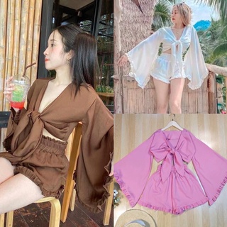 ชุดเซตเสื้อผูกหน้า แขนระบาย🌈🌈 ได้ทั้งสองชิ้น💫❣️  ชุดเซตกางเกงขาสั้น ผ้าสวยใส่สบาย กางเกงสม็อคฟรีไซส์ ♦️