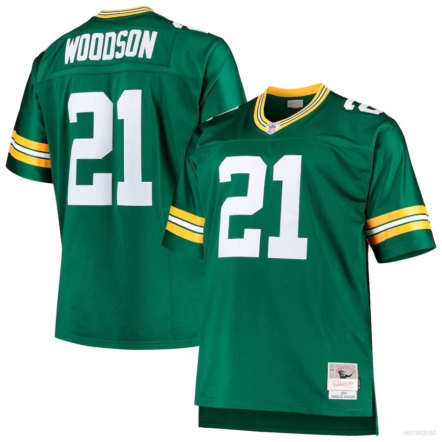 [GR] เสื้อกีฬาแขนสั้น ลายทีมชาติฟุตบอล NFL Woodson สีเขียว สไตล์เรโทร พลัสไซซ์ สําหรับผู้ชาย และผู้หญิง