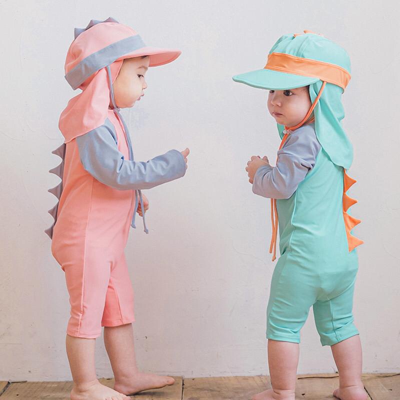 Ex-STOCK Selangor (1-8Y) เด็ก n สาว 3D Dino พิมพ์ One Piece ออกแบบชุดว่ายน้ําฟรีหมวก