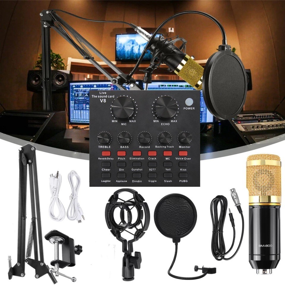 V8 set ชุดไมโครโฟนคอนเดนเซอร์ BM800 Microphone พร้อมอุปกรณ์ Sound Card V8 ครบชุด