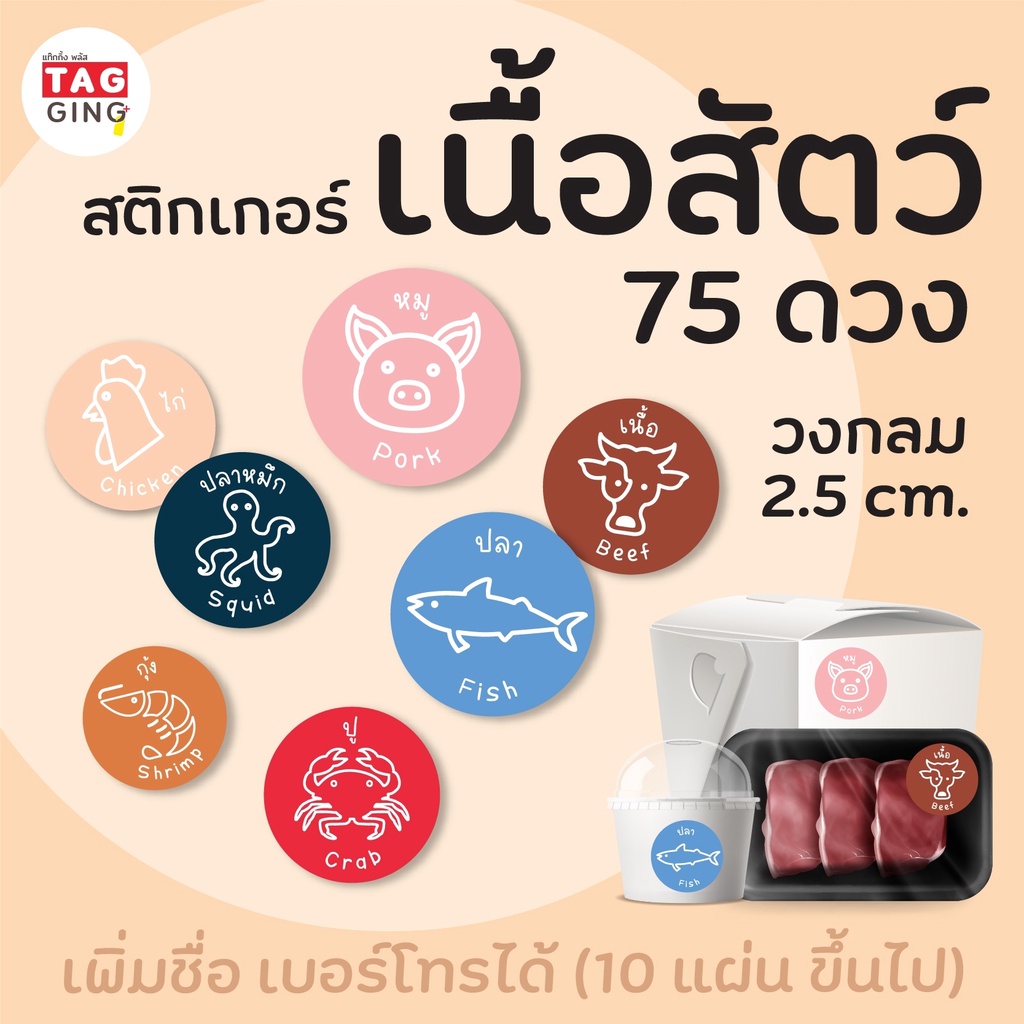 สติกเกอร์เนื้อสัตว์ 2.5 ซม. 75 ดวง 🐟 สติกเกอร์แยกประเภทอาหาร 🐽 Sticker, สติ๊กเกอร์กระดาษ เนื้อมันเงา หมึกกันน้ำ