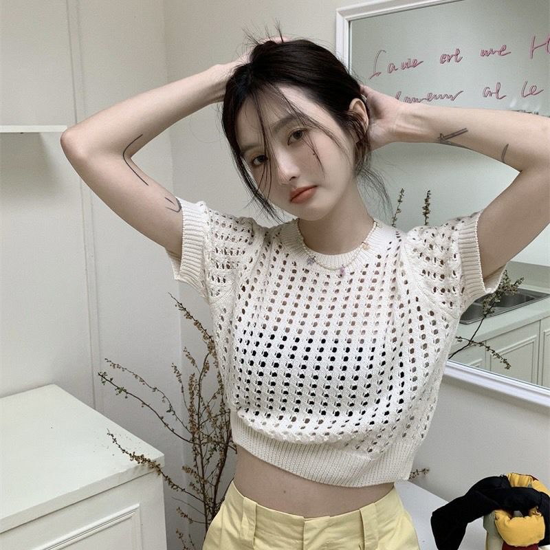 Vogue🌟พร้อมส่ง🌟 เสื้อถักไหมพรมแขนสั้น ซีทรูเบาๆสไตล์เกาหลีมาก (99025/99025-1-C) -N