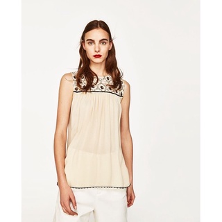 เสื้อ Zara Basic Collection Contrasting Embroidered Sleeveless Top แท้💯 (size M)