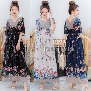 Dress Bigsize #no15 แมกซี่เดรสทรงค้างคาว ลายดอกเล่นเชิง คอวีหน้า-หลัง รุ่นนี้ใส่ได้ทั้งสองด้านคะ