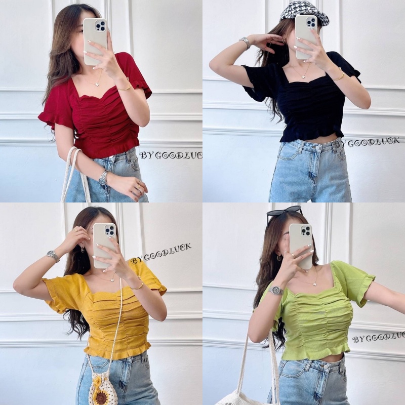 MesubShop เสื้อยืดผ้ายืด สไตล์แบ้วๆ ทรงคอเหลี่ยมแขนสั้น ร่องน้ำ B-023-2-B