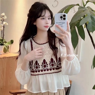 𝙁.𝙔 𝙨𝙩𝙪𝙙𝙞𝙤𝙨 🌟 พร้อมส่ง🌟 NO.172 ☆NEW ARRIVALS ☆เสื้อคอกลแขนยาวผ้าชีฟอง เย็บติดกับเสื้อกั๊กผ้าทอปักลายด้วยลูกปัด น่าร้ากกก