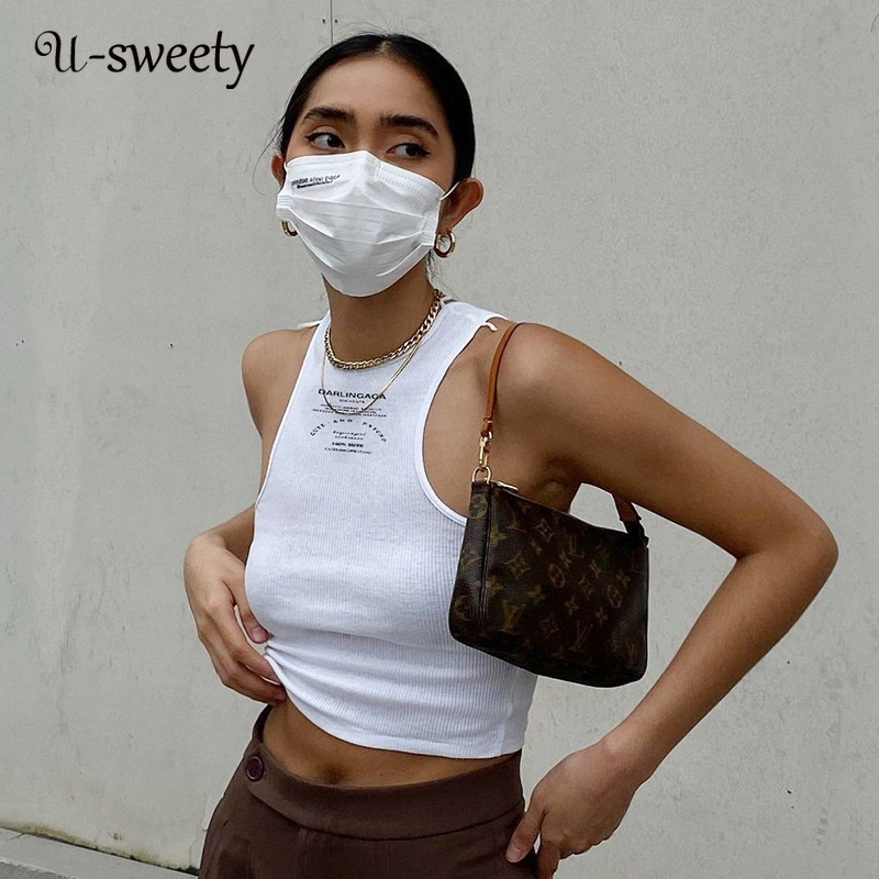 U-Sweety เสื้อลําลองแฟชั่นสําหรับสตรีแขนกุดคอกลมพิมพ์ลายตัวอักษรทรงสลิมฟิต