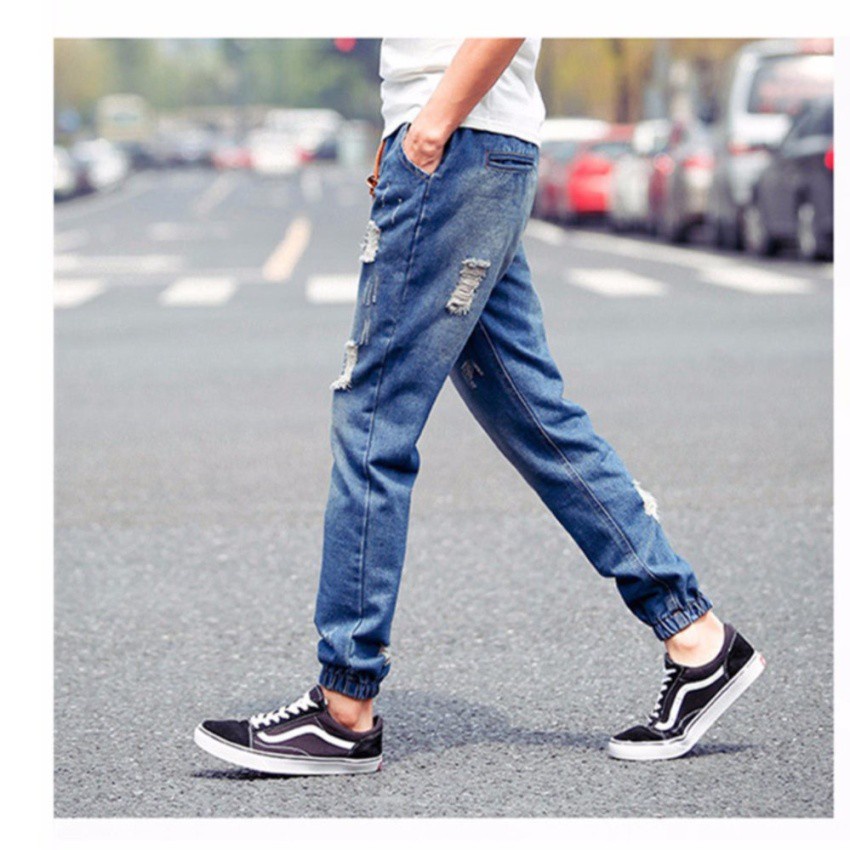 DEER กางเกงยีนส์ขาจั้ม ผู้ชาย แต่งขาด เอวผูกเชือก  รุ่น 026