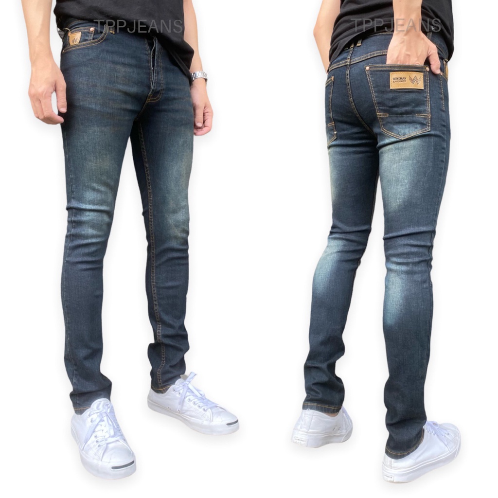 ๋JEANSEXPRESS Men's Skinny กางเกงยีนส์สกินนี่ชาย สีบลูฟอกสนิม ป้ายหนังแท้ ผ้ายืด สวมใส่สบาย ทรงสวย Size 28-36
