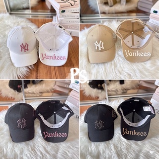 MLB แท้ 💯 พร้อมส่ง หมวก MLB diamond logo patch ball cap โลโก้ NY ปักตกแต่งด้านข้าง ใต้ปีกปัก Yankees ขาว ชมพู ครีม ดำ