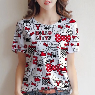 เสื้อยืดแขนสั้นลําลอง พิมพ์ลาย Hello Kitty แฟชั่นฤดูร้อน สไตล์ฮาราจูกุ สําหรับผู้หญิง 2023