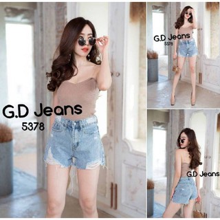 G.D.Jeans รุ่น 5378 กางเกงยีนส์ขาสั้นผ้าด้านเอวกลางทรงเอเล่นสะกิดขาด ผ้าเกรดดี