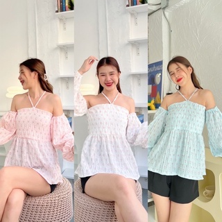Newin ปาดไหล่แขนยาว มีสายคล้องคอ ลุคสาวคาเฟ่ลูกคุณมากค้า ผ้าลายน่ารักลิมิเตดสุดๆๆๆ 💛✨