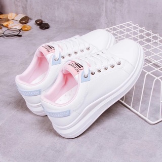 SS644-2 รองเท้าผ้าใบส้นตึกสีพาสเทลสไตล์สาวหวาน หนังนิ่มเกรดพรีเมียม สีขาวดำ/ชมพูม่วง/เหลืองเขียว
