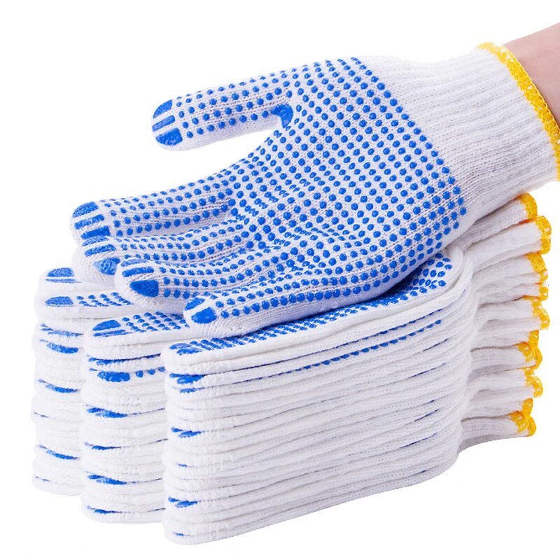 (12 คู่) ถุงมือผ้าทอลายจุดสีฟ้า เคลือบยางลายจุด ตีนตุ๊กแก มีปุ่ม กันลื่น ทำสวน งานช่าง งานก่อสร้าง 3 สี