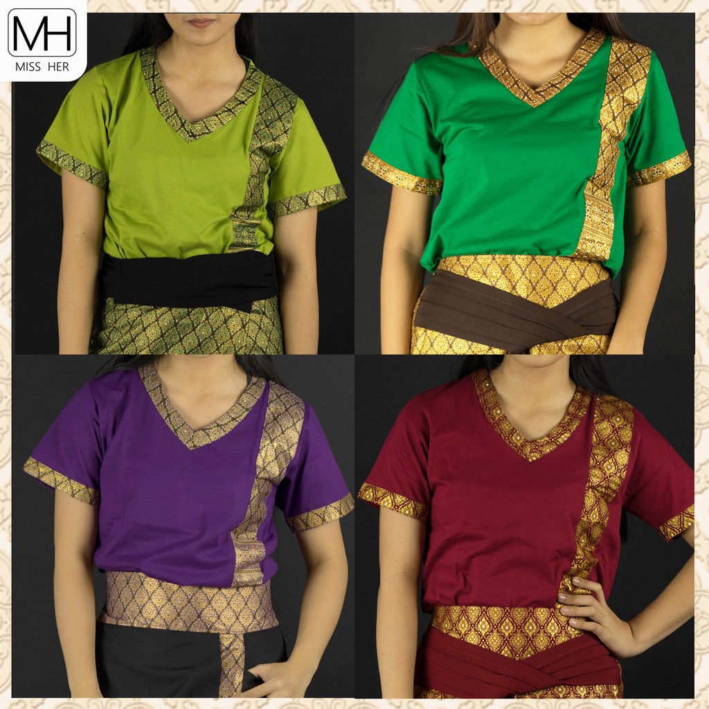 เสื้อยืดคอวีแต่งผ้าลายไทย แบบตรง [ชุดที่ 2]