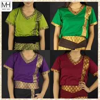 เสื้อยืดคอวีแต่งผ้าลายไทย แบบตรง [ชุดที่ 2]