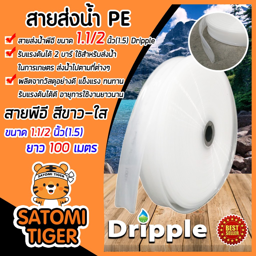 Dripple สายส่งน้ำPE (สีขาว-ใส) ขนาด 1.1/2 นิ้ว(1.5) ยาว 100 เมตร ม้วนเต็ม สายส่งน้ำ แข็งแรง ทนทาน น้ำหนักเบา