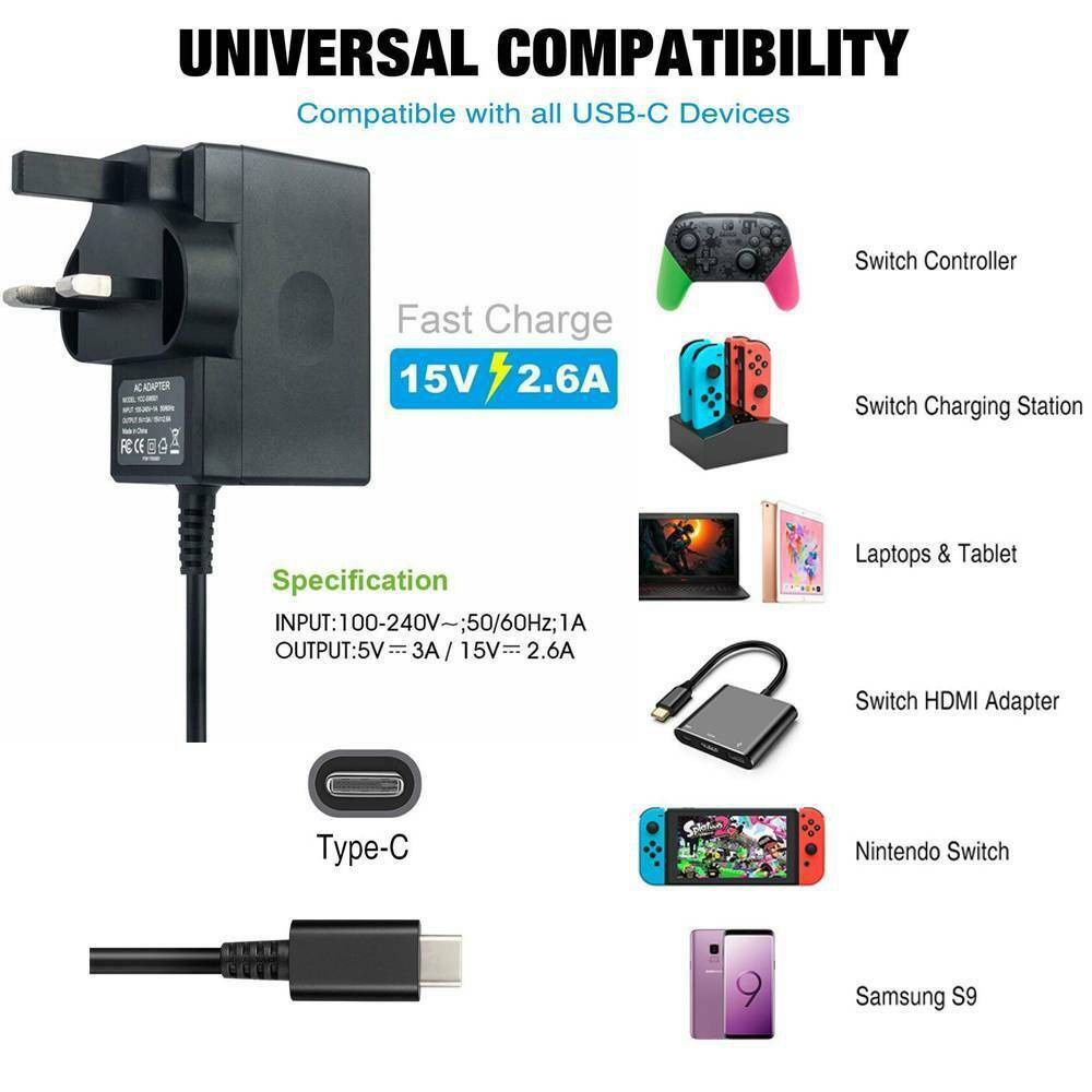 Nintendo SWITCH V1 V2 สวิตช์ LITE SWITCH OLED AC อะแดปเตอร์ชาร์จ ปลั๊ก UK ชาร์จเร็ว [ของแท้ [