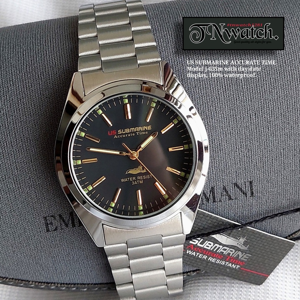 us submarine รุ่น J-035M นาฬิกาข้อมือ นาฬิกาผู้ชาย ระบบควอทต์อะนาล็อก สายสแตนเลสสีเงิน หน้าปัดดำน้ำเงินเขียว กันน้ำ