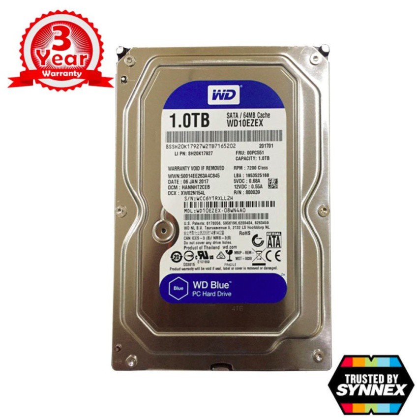 ฮาร์ดดิส  WD HDD Internal 1.0 TB 7200RPM WD10EZEX (BLUE)แท้ ประกัน 3ปี