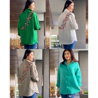 📌ทักก่อนสั่ง📌เสื้อเชิ้ตลินิน ทรงไหล่ตก  งานปัก ด้านหลัง อก42”-46” PN