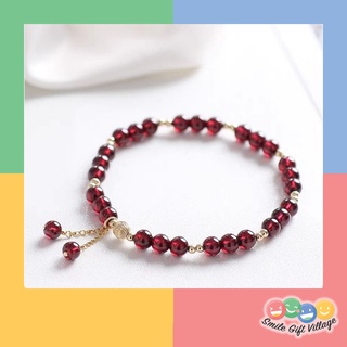 สร้อยข้อมือหินโกเมน 💕 Red Garnet ขนาด 4 มิล ร้อยสลับลูกปัดโลหะชุบทอง 14K