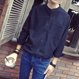 เสื้อเชิ้ต ผ้าลินิน แบบบาง คอปกตั้ง ทรงหลวม สีดํา แบบเรียบง่าย สไตล์เรโทร แฟชั่นฤดูใบไม้ผลิ สําหรับผู้ชาย