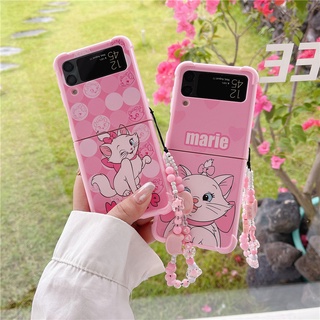 เคสโทรศัพท์มือถือ PC แบบแข็ง ลายแมวมารีน่ารัก พร้อมสร้อยข้อมือ สําหรับ Samsung Galaxy Z Flip 4 Z Flip 3 4 5G