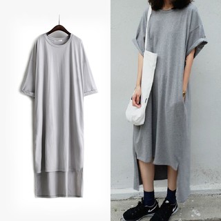 KOREAN T-SHIRT DRESS เดรส ตัวยาว เเขนสั้น สีเทา งานเกาหลี พร้อมส่ง