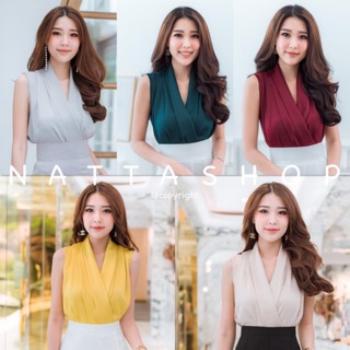 เสื้อแขนกุด คอพับทรงป้ายทับกับด้านหน้า 👚 CODE : NT2265