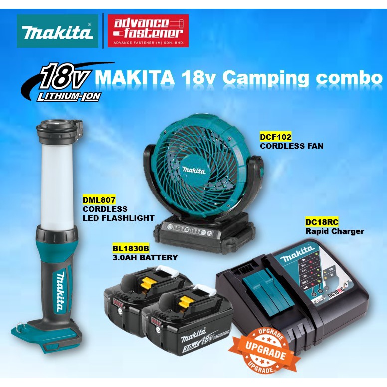 MAKITA 18V Wireless Combo Set ( ไฟฉาย LED ไร้สาย DML807 / DCF102Z 18V / 14.4V พัดลมไร้สาย )