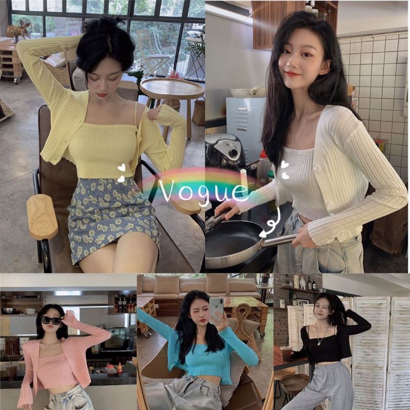 Vogue? พร้อมส่ง?เสื้อไหมพรม 2 ชิ้น ร่องใหญ่ เสื้อคลุม+สายเดี่ยว อันยองมาก?? ( 7195-2 ). 