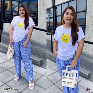 TW14899 Set 2 ชิ้น #BigSize เสื้อคอกลม แขนสั้น ลายยิ้ม + กางเกงขายาว เอวสม็อกรอบตัว มีกระเป๋าล้วงข้าง เนื้อผ้าคอตตอนทอลา