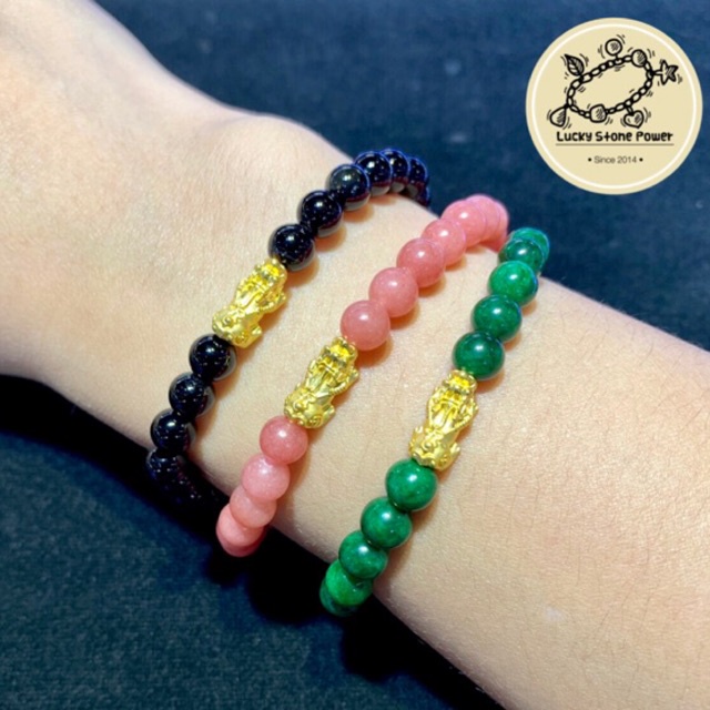 ข้อมือหินมงคล ขนาด 6 มิล แต่งปี่เซียะ ทองคำแท้ 99.9 น้ำหนัก 0.2 กรัม มีใบรับประกันทองแท้