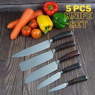 5 Pcs Knife Set ชุดมีด 5 ชิ้น มีดทำครัวสแตนเลสสไตล์ญี่ปุ่น ด้ามไม้แท้ ใบมีดลายเลเซอร์ดามัสกัส คมกริบ ทนทาน เกรดพรีเมี่ยม