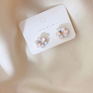 (ก้านเงินแท้ S925) ต่างหูผีเสื้อ กับดอกไม้สีสดใส ตัวงานสีทอง , ต่างหูก้านเงินแท้, ต่างหูน่ารัก, ต่างหูสวย