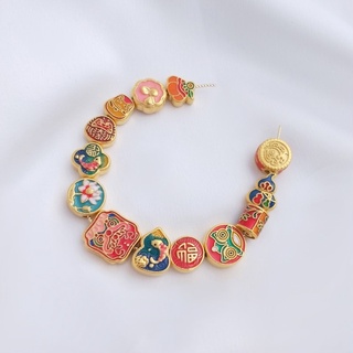 สร้อยข้อมือ ประดับลูกปัด รูปดอกบัว สิงโตนําโชค สีฟ้า สีทอง diy