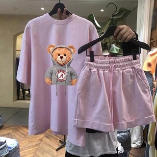 🔥Hot🔥ชุดหมี 🐻 เสื้อยืด กางเกงขาสั้น  ผ้าคอตตอนหนาอย่างดี ✨พร้อมส่ง✨ น่ารัก สไตล์เกาหลี 💝ใส่สบาย มีให้เลือก 4 สี