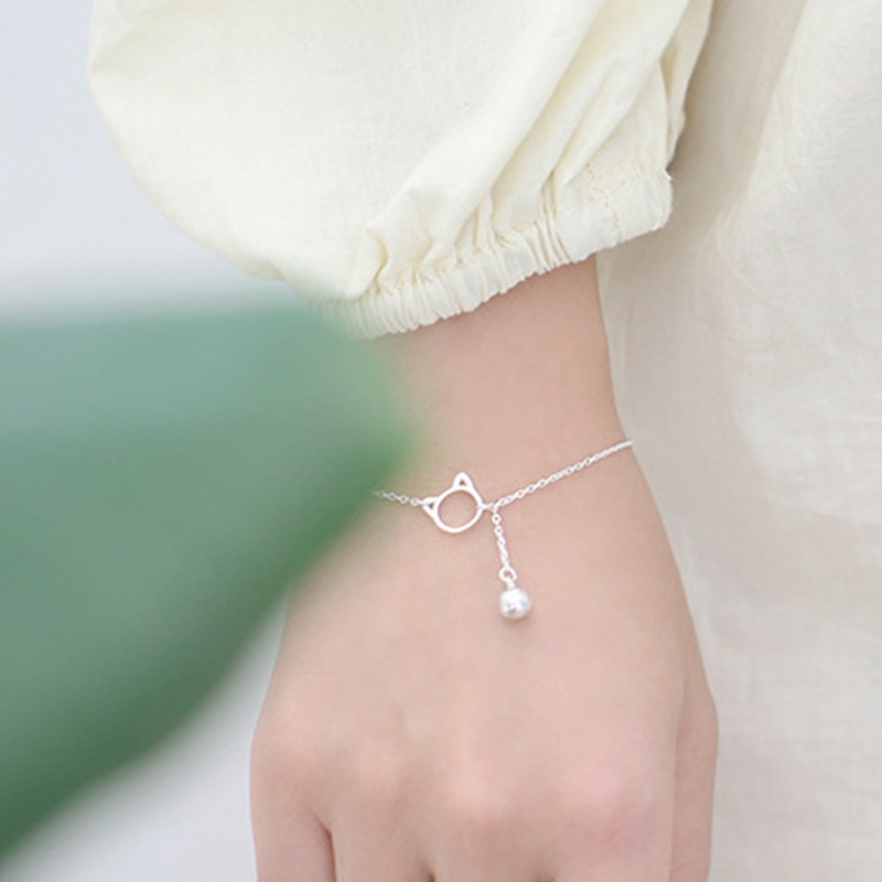 เครื่องประดับ สร้อยข้อมือ กําไลข้อมือ เงินสเตอร์ลิง S925 จี้กระดิ่ง รูปแมวน่ารัก แบบเรียบง่าย สไตล์เกาหลี สําหรับผู้หญิง