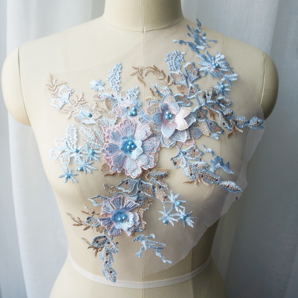 Rhinestones Lace Applique Sew On 3D Flower Appliques For Clothes