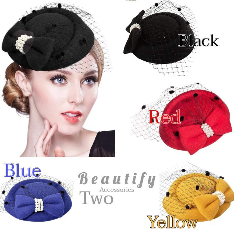 👒หมวกโบวี่/หมวกดรัมเมเยอร์ติดโบว์ประดับมุกและแต่งผ้าตาข่าย 4 สีพร้อมส่ง❗จากประเทศไทย