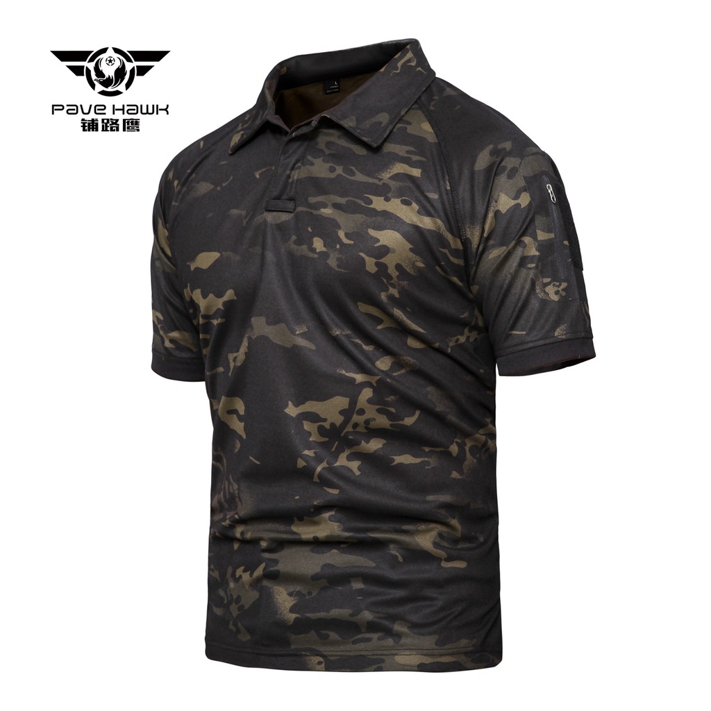 【S-5XL】Pavehawk กลางแจ้งยุทธวิธีพรางความเร็วแห้งสลิมขี่ปีนเขาเดินทางปกแขนสั้นเสื้อยืด PLY28