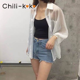 Chili_k❤️k❤️ 008 *สินค้ามีพร้อมส่ง* เสื้อเชิ้ตชีฟอง เสื้อป้องกันแสงแดด แขนยาว ตัวใหญ่ มีกระเป๋า 2 ข้าง